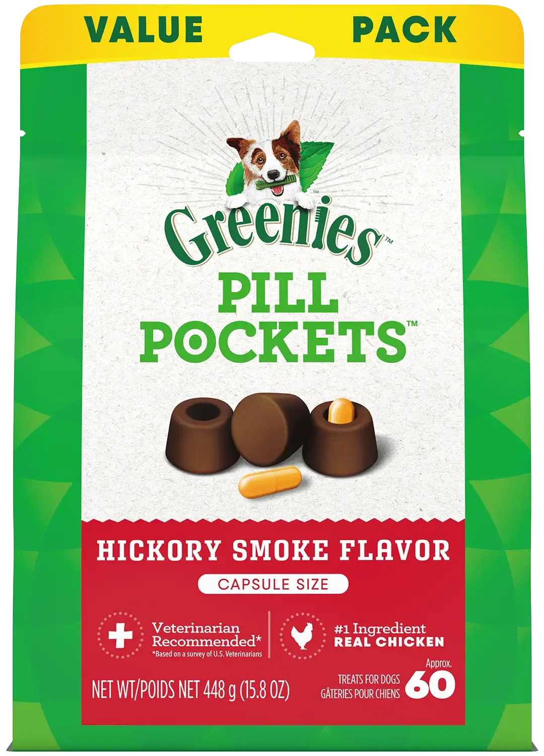Front of Greenies Capsule Pill Pockets Dog Treats Hickory Smoke 15.8-oz 60 Count