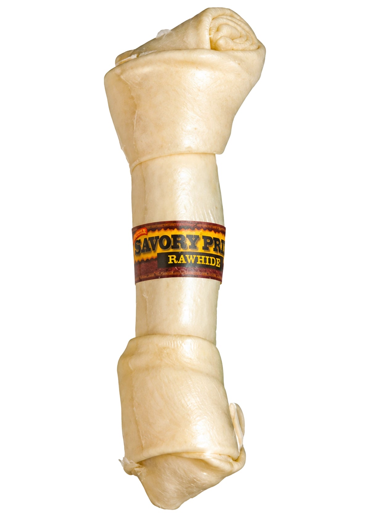 Front of Savory Prime Supreme Knotted Rawhide Bone Dog Treat Natural 8-9 in