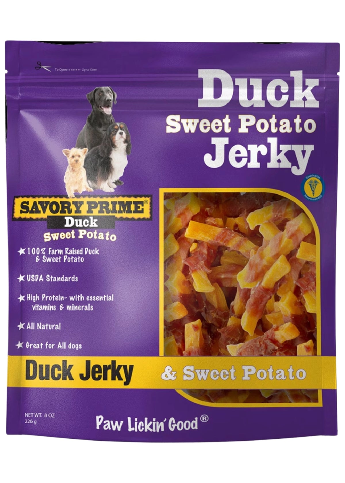 Front of Savory Prime Natural Sweet Potato & Duck Jerky Dog Treats 8-oz