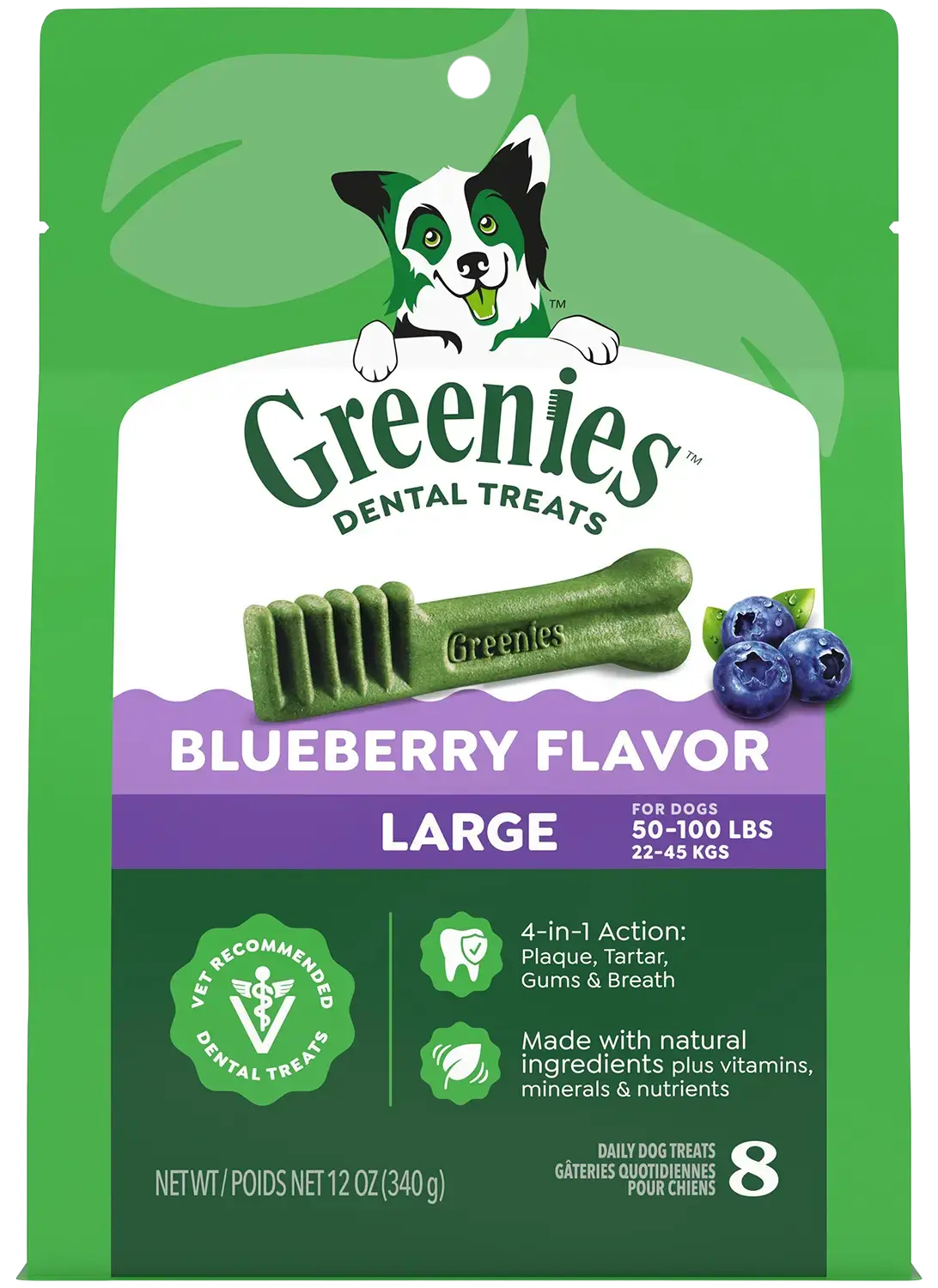 Front of Greenies Blueberry Dog Dental Treats Large 12-oz 8 Count