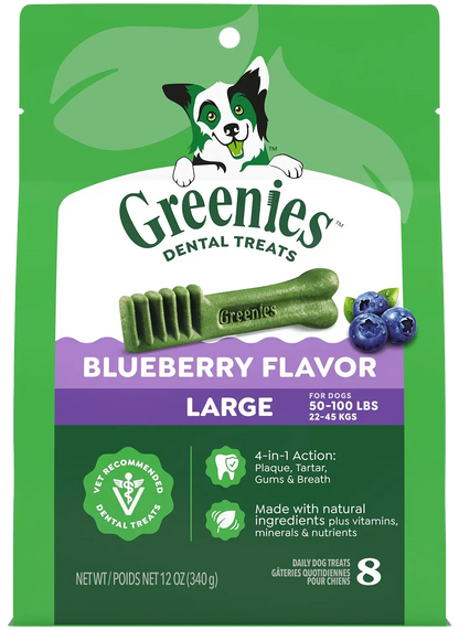 Front of Greenies Blueberry Dog Dental Treats Large 12-oz 8 Count