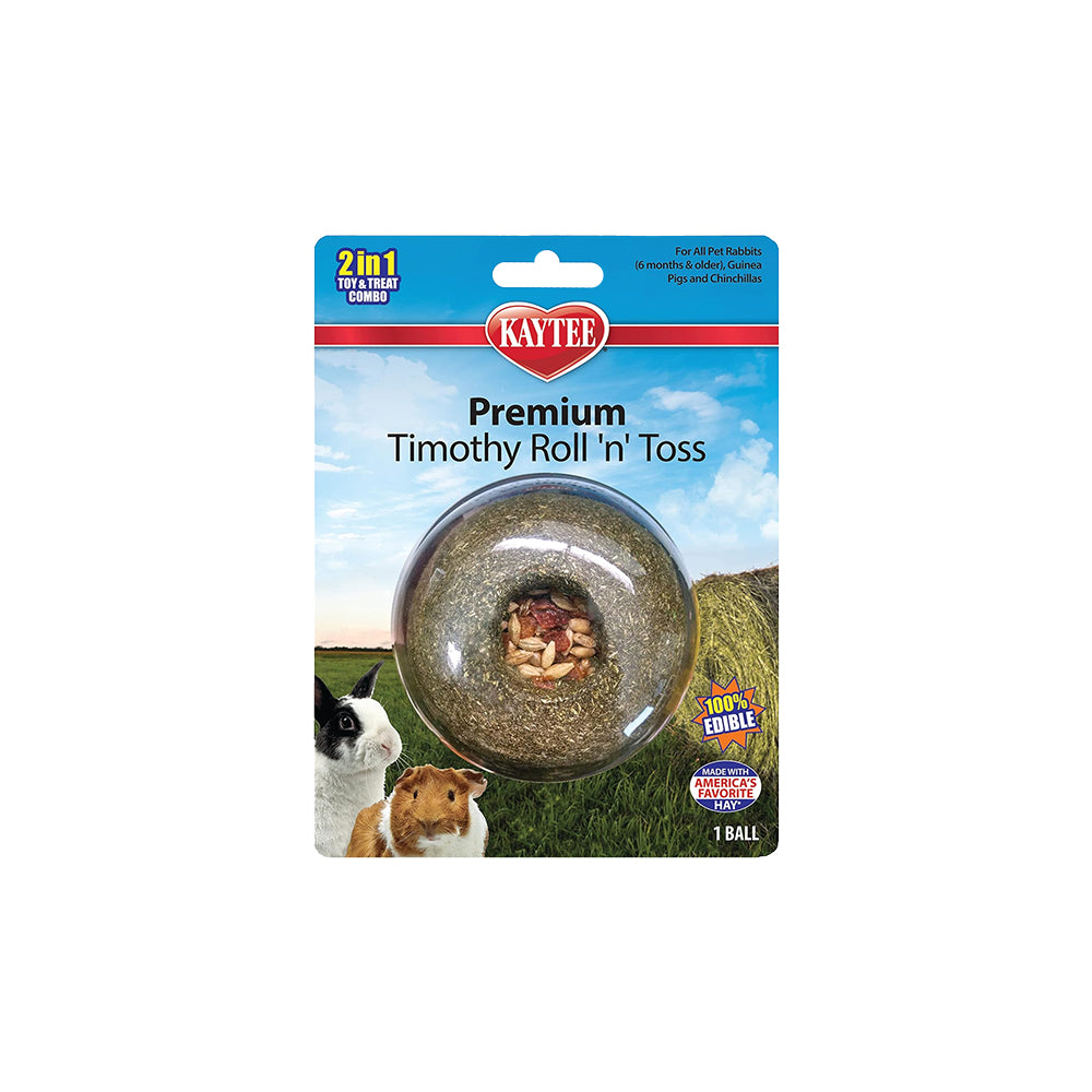Front of Kaytee Premium Timothy Roll'n'Toss Toy & Treat Combo