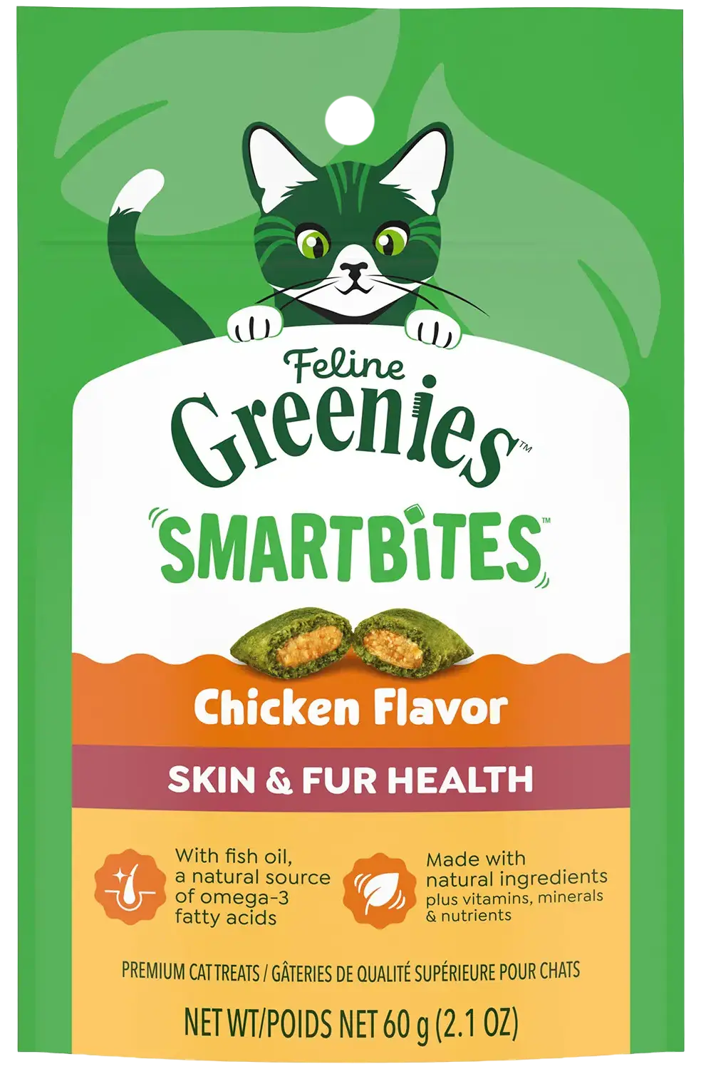 Front of Greenies Feline Smartbites Healthy Skin & Fur Health Cat Treats Chicken 2.1-oz