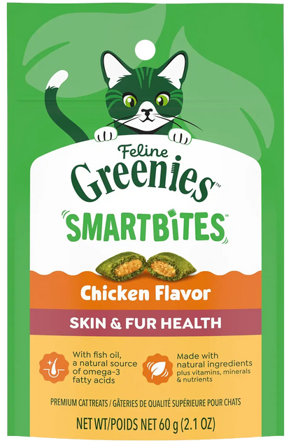 Front of Greenies Feline Smartbites Healthy Skin & Fur Health Cat Treats Chicken 2.1-oz