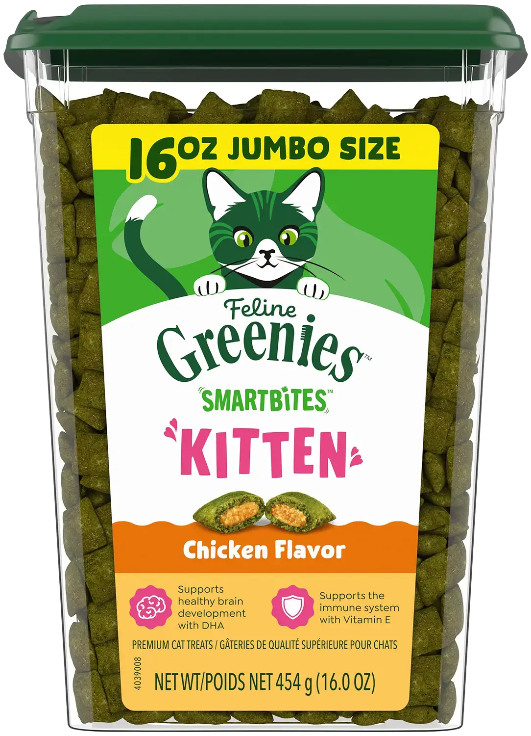 Front of Greenies Feline SmartBites Chicken Healthy Kitten Treats 16-oz
