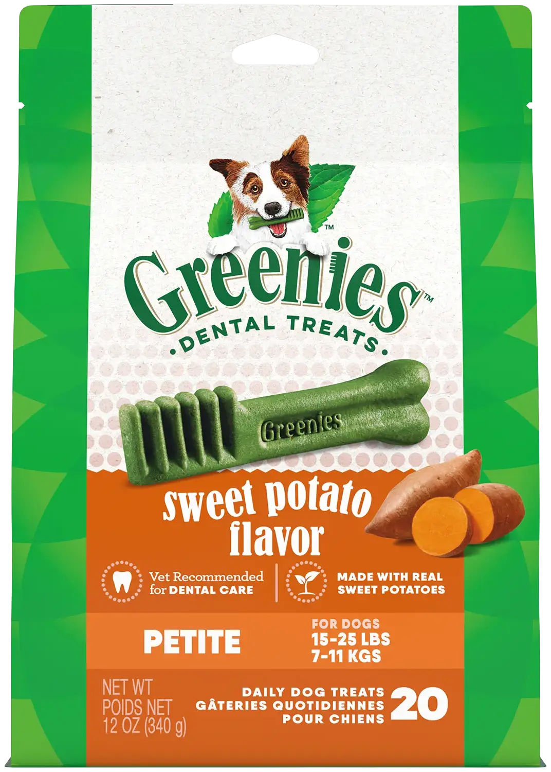 Front of Greenies Sweet Potato Dog Dental Treats Petite 12-oz 20 Count