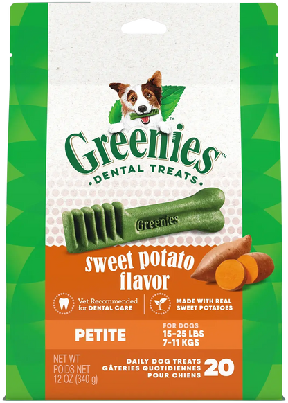 Front of Greenies Sweet Potato Dog Dental Treats Petite 12-oz 20 Count