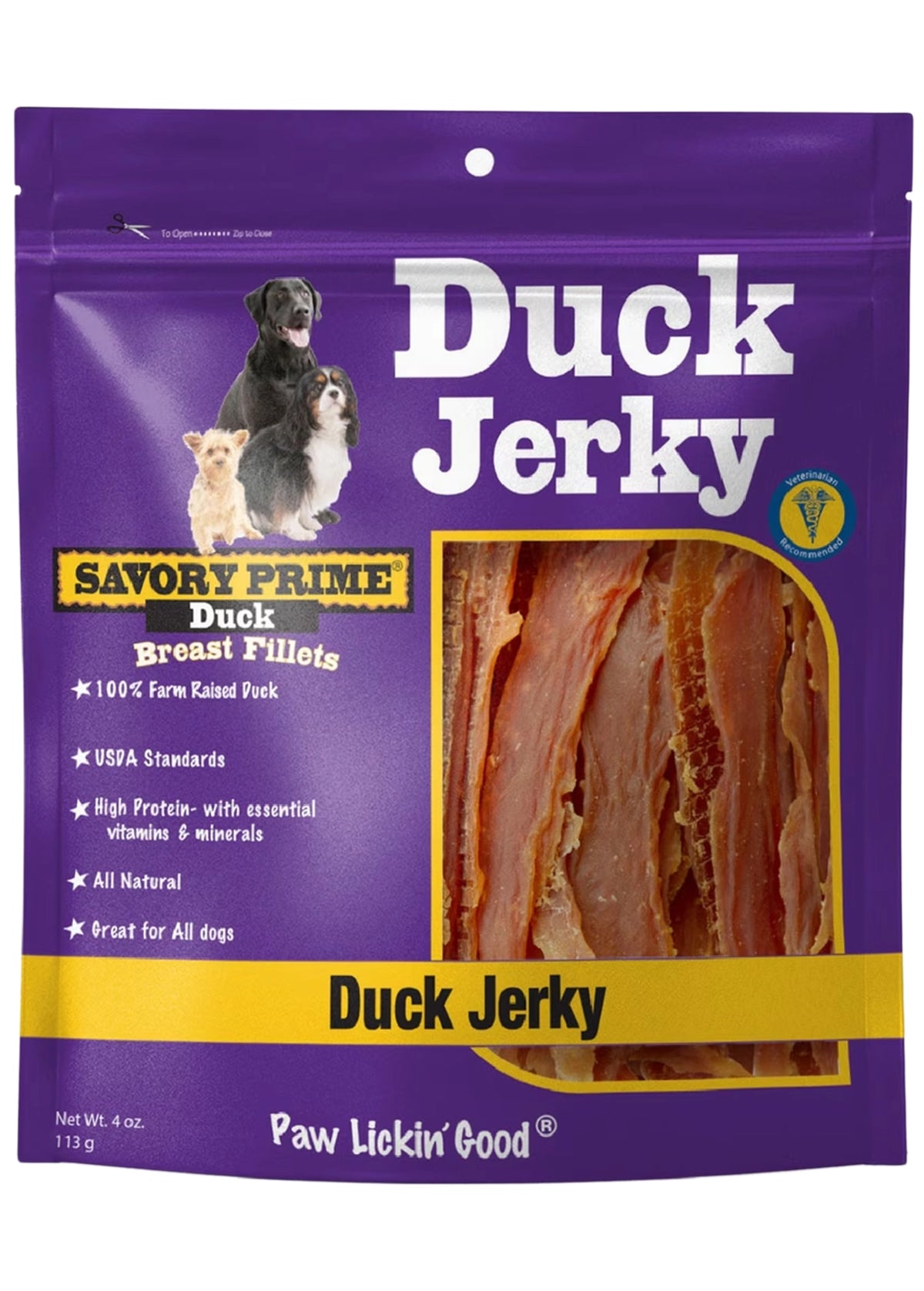 Front of Savory Prime Natural Duck Jerky Dog Treats 4-oz