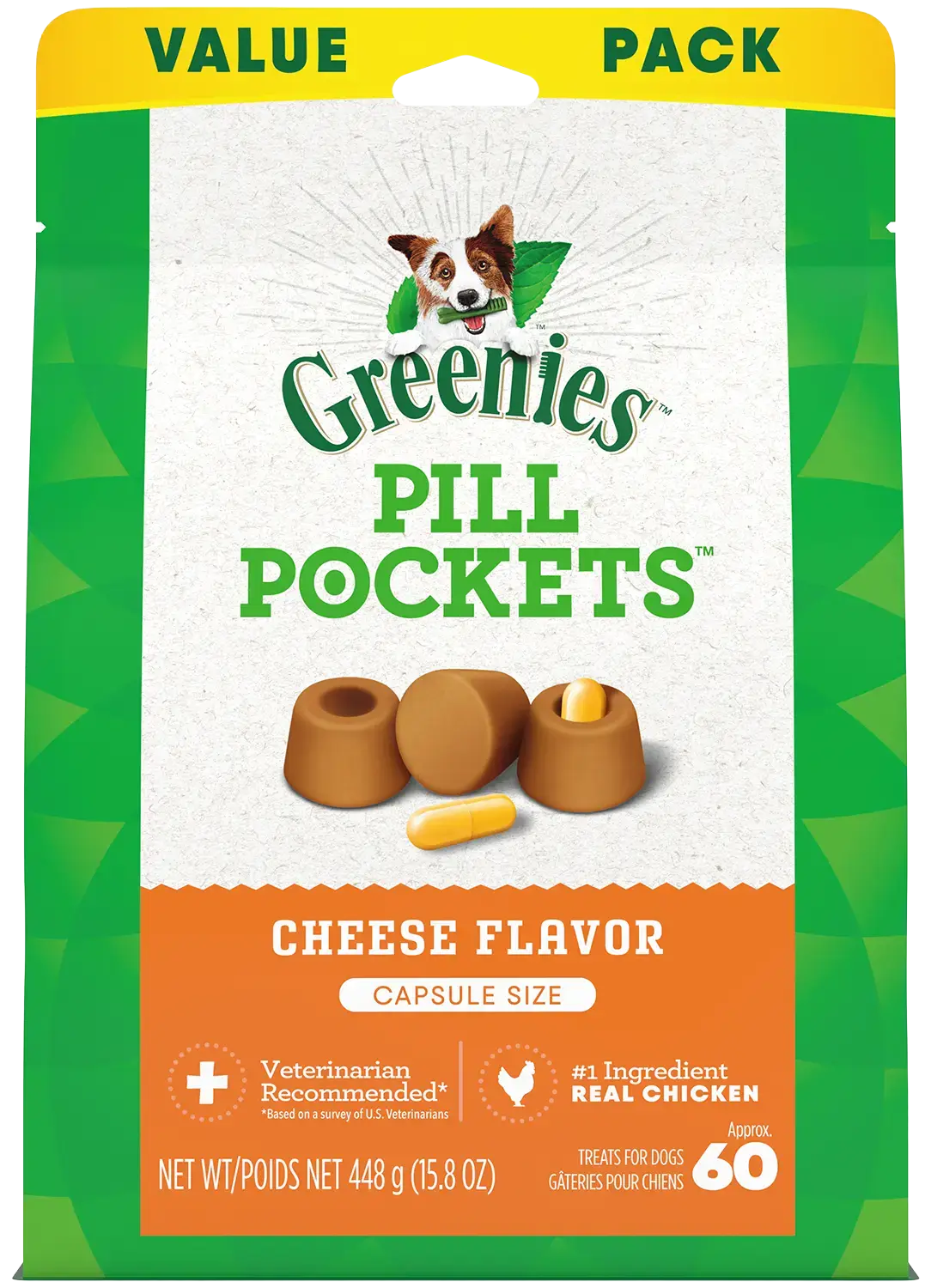 Front of Greenies Capsule Pill Pockets Dog Treats Cheese 15.8-oz 60 Count
