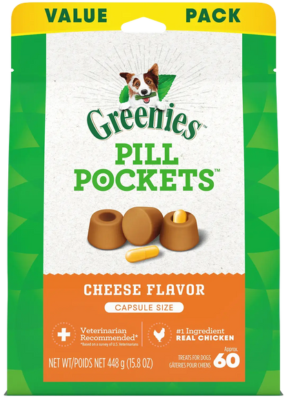 Front of Greenies Capsule Pill Pockets Dog Treats Cheese 15.8-oz 60 Count