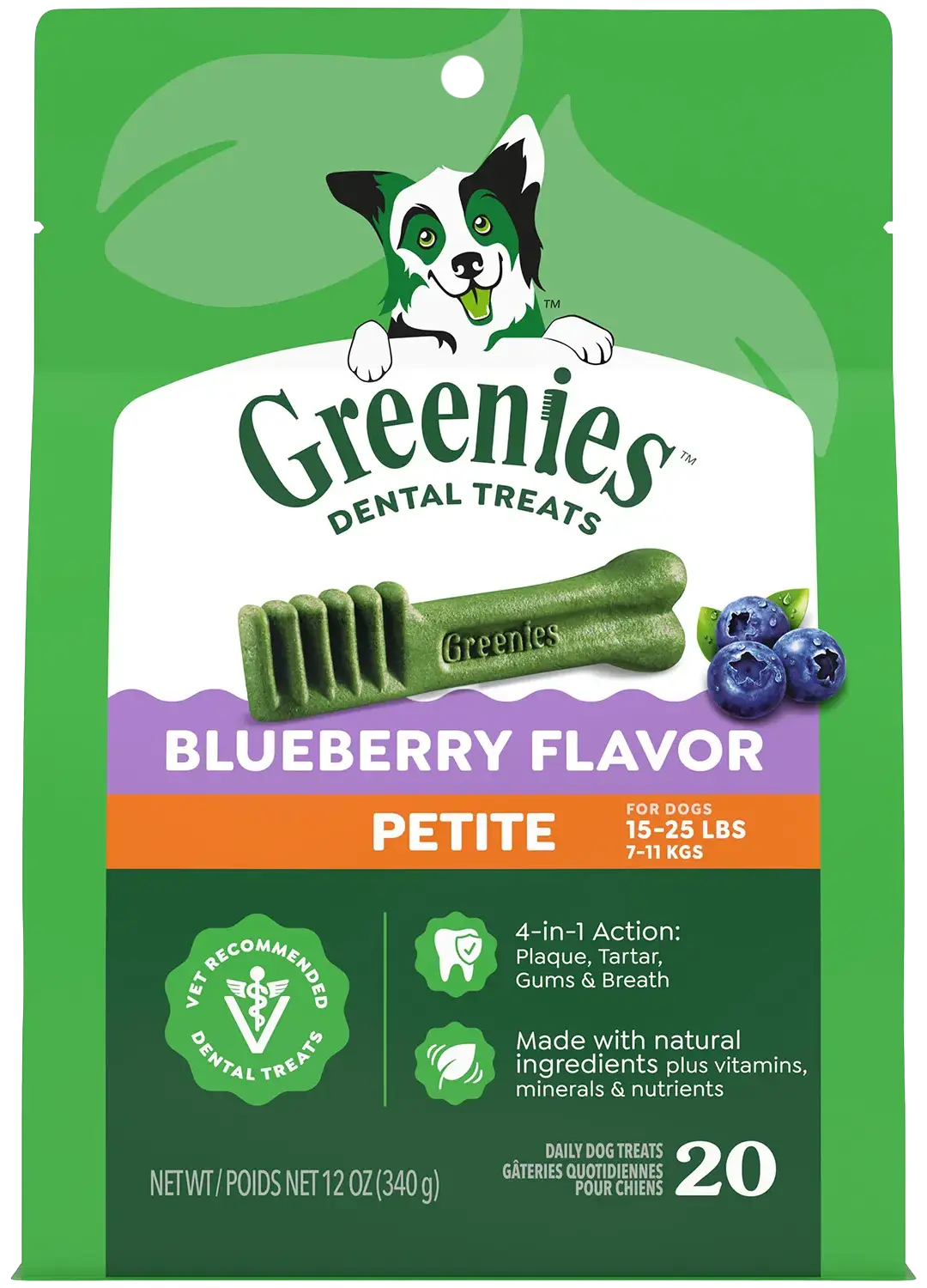 Front of Greenies Blueberry Dog Dental Treats Petite 12-oz 20 Count