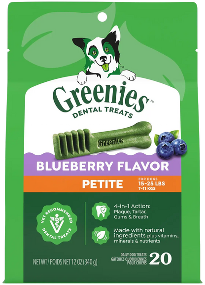 Front of Greenies Blueberry Dog Dental Treats Petite 12-oz 20 Count