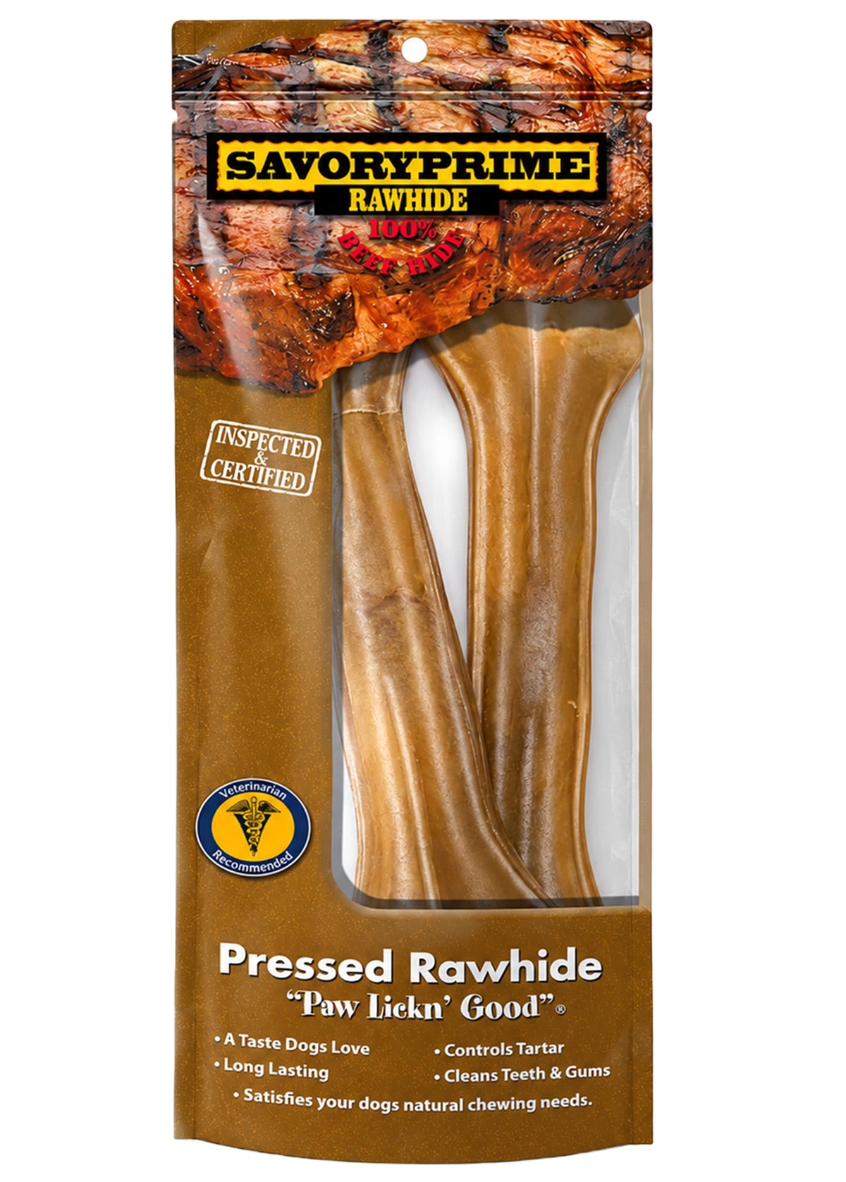 Front of Savory Prime Pressed Rawhide Bones Bagged Natural 2 Count 8.5-in