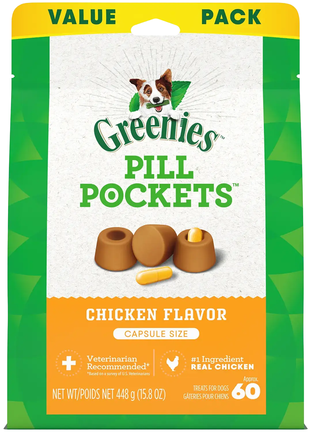Front of Greenies Capsule Pill Pockets Dog Treats Chicken 15.8-oz 60 Count