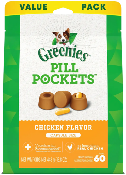 Front of Greenies Capsule Pill Pockets Dog Treats Chicken 15.8-oz 60 Count