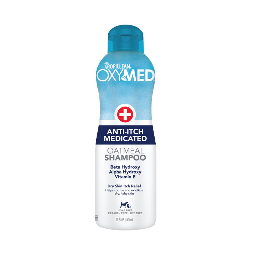 Front of TropiClean OxyMed Anti-Itch Medicated Oatmeal Shampoo for Dogs & Cats 20-oz