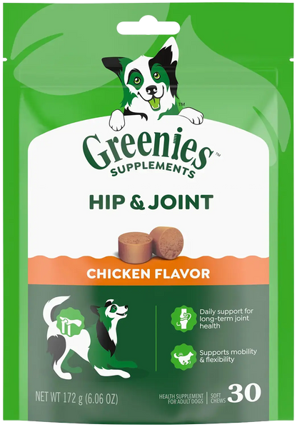 Front 2 of Greenies Hip & Joint Supplement Soft Chews for Adult Dogs Chicken Flavor 30 Count 6.08-oz