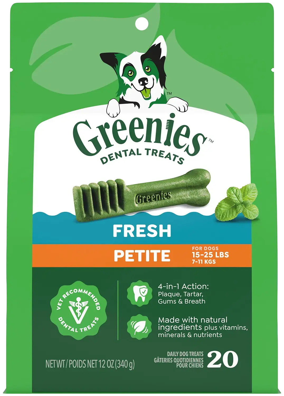 Front of Greenies Fresh Dog Dental Treats Petite 12-oz 20 Count