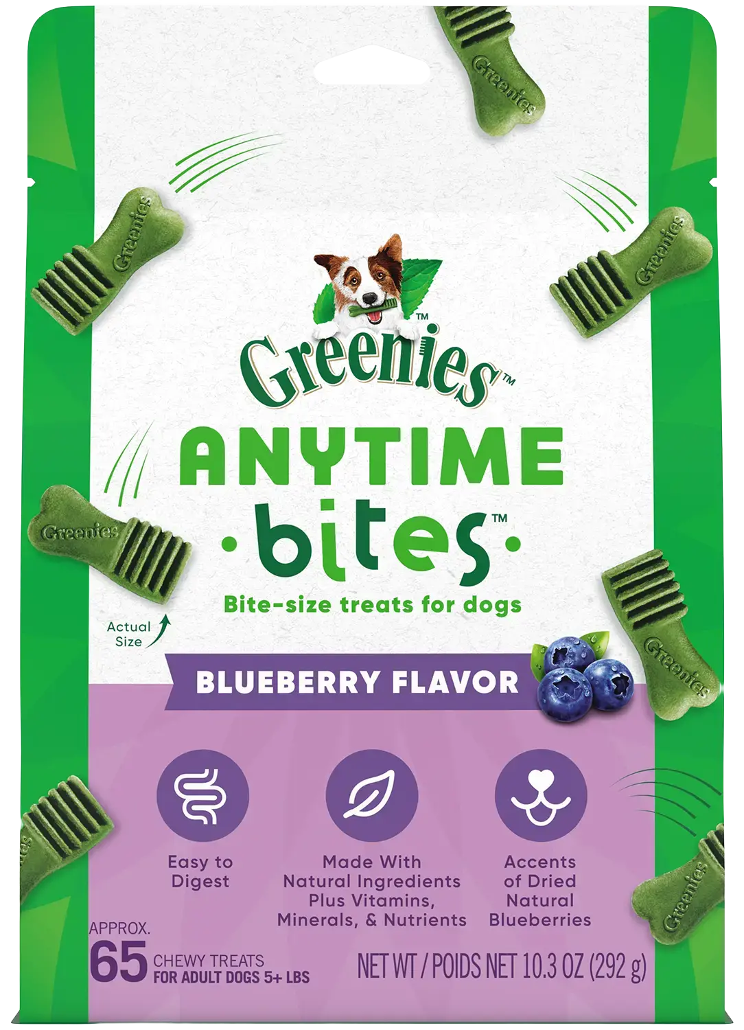 Front of Greenies Anytime Bites Bite-Size Dog Dental Treats Blueberry 10.3-oz