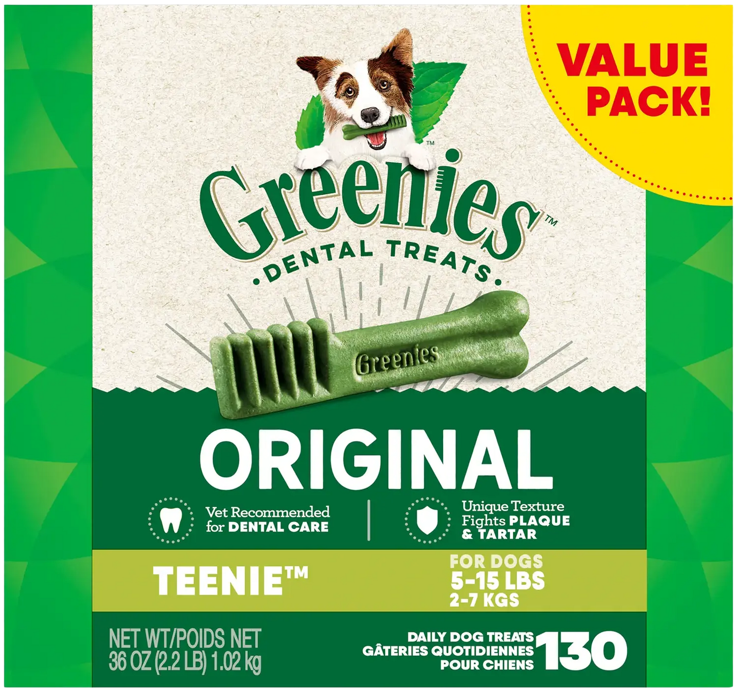 Front of Greenies Original Dog Dental Treats Teenie 36-oz 130 Count