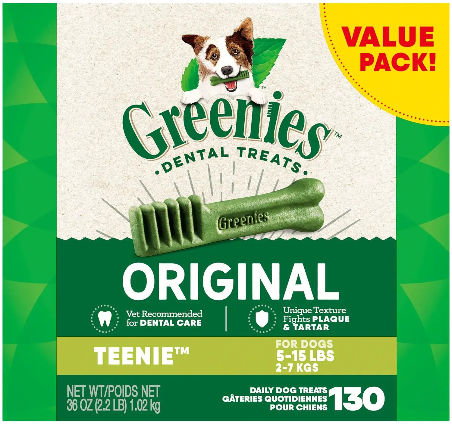 Front of Greenies Original Dog Dental Treats Teenie 36-oz 130 Count