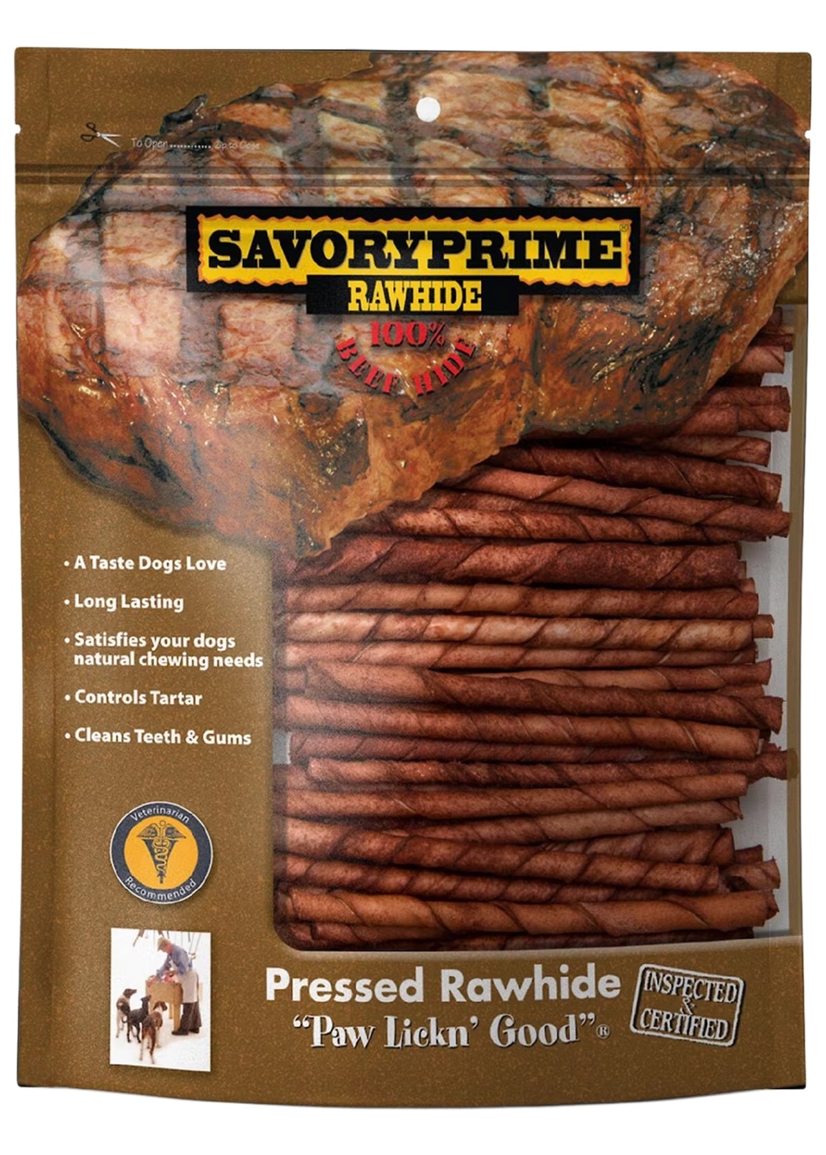 Front of Savory Prime Pressed Rawhide Twist Sticks Beef 5-in 100 Count