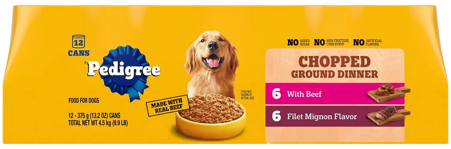 Front of Pedigree Chopped Ground Dinner Adult Wet Dog Food Variety Pack Filet MigNon & Beef 12 Count 13.2-oz