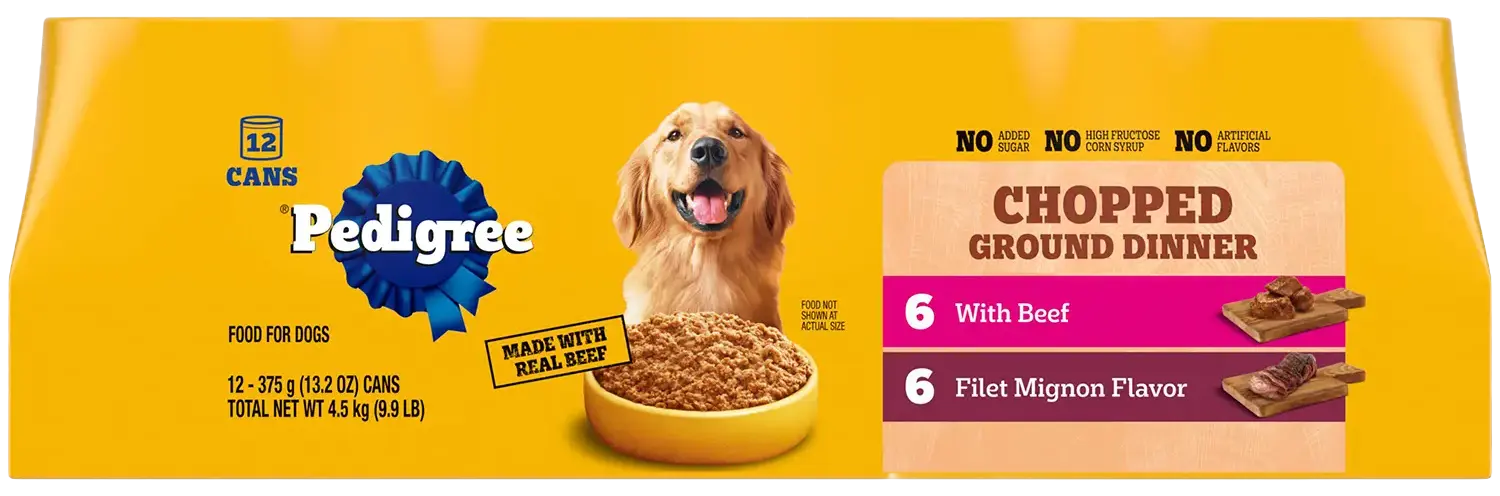 Front of Pedigree Chopped Ground Dinner Adult Wet Dog Food Variety Pack Filet MigNon & Beef 12 Count 13.2-oz