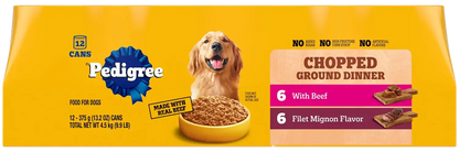 Front of Pedigree Chopped Ground Dinner Adult Wet Dog Food Variety Pack Filet MigNon & Beef 12 Count 13.2-oz