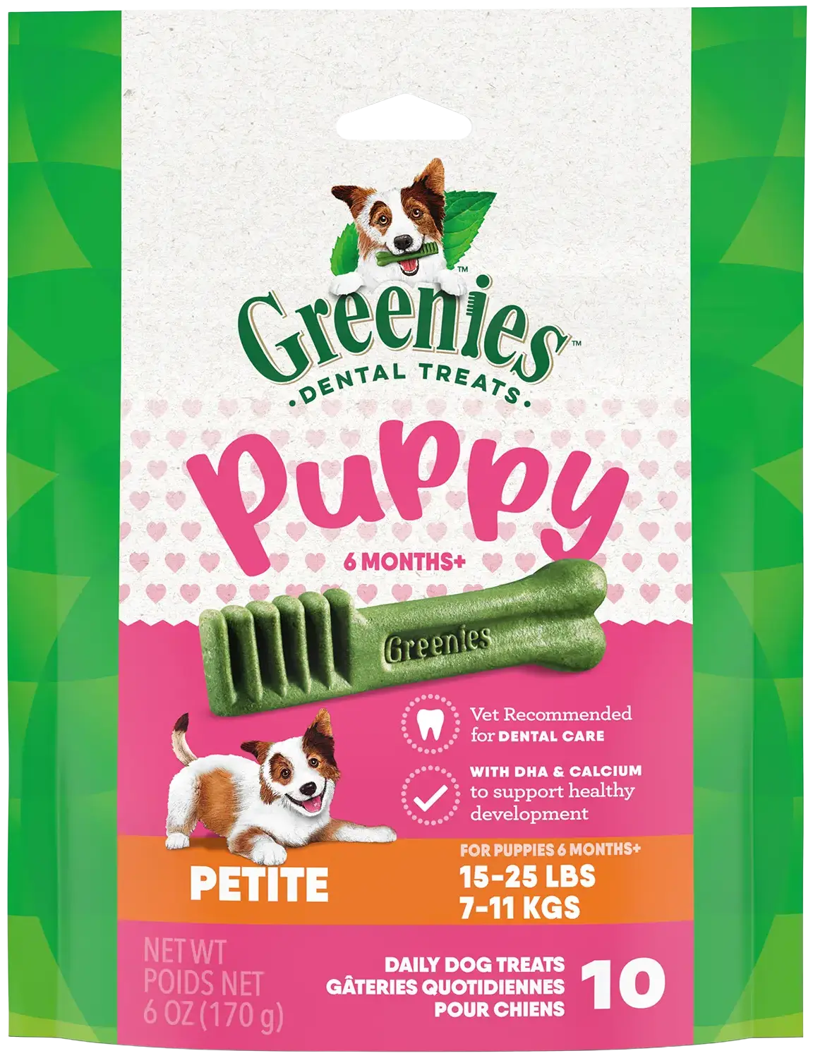 Front of Greenies Puppy Dental Dog Treats Petite 10 Count 6-oz