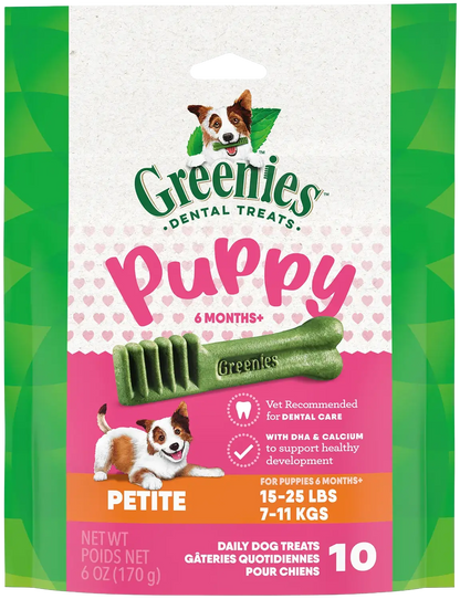 Front of Greenies Puppy Dental Dog Treats Petite 10 Count 6-oz