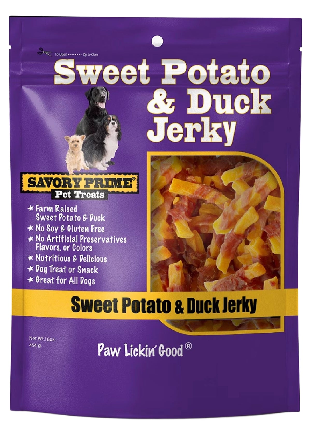 Front of Savory Prime Natural Sweet Potato & Duck Jerky Dog Treats 16-oz