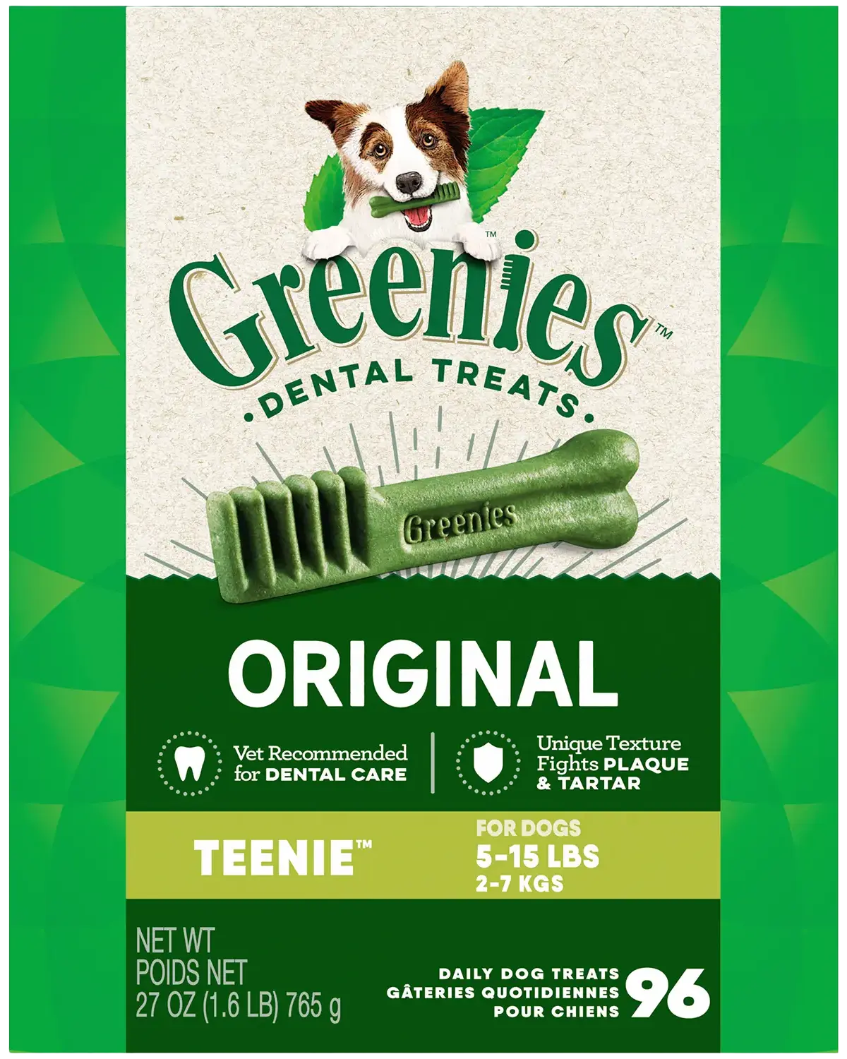 Front of Greenies Original Dog Dental Treats Teenie 27-oz 96 Count