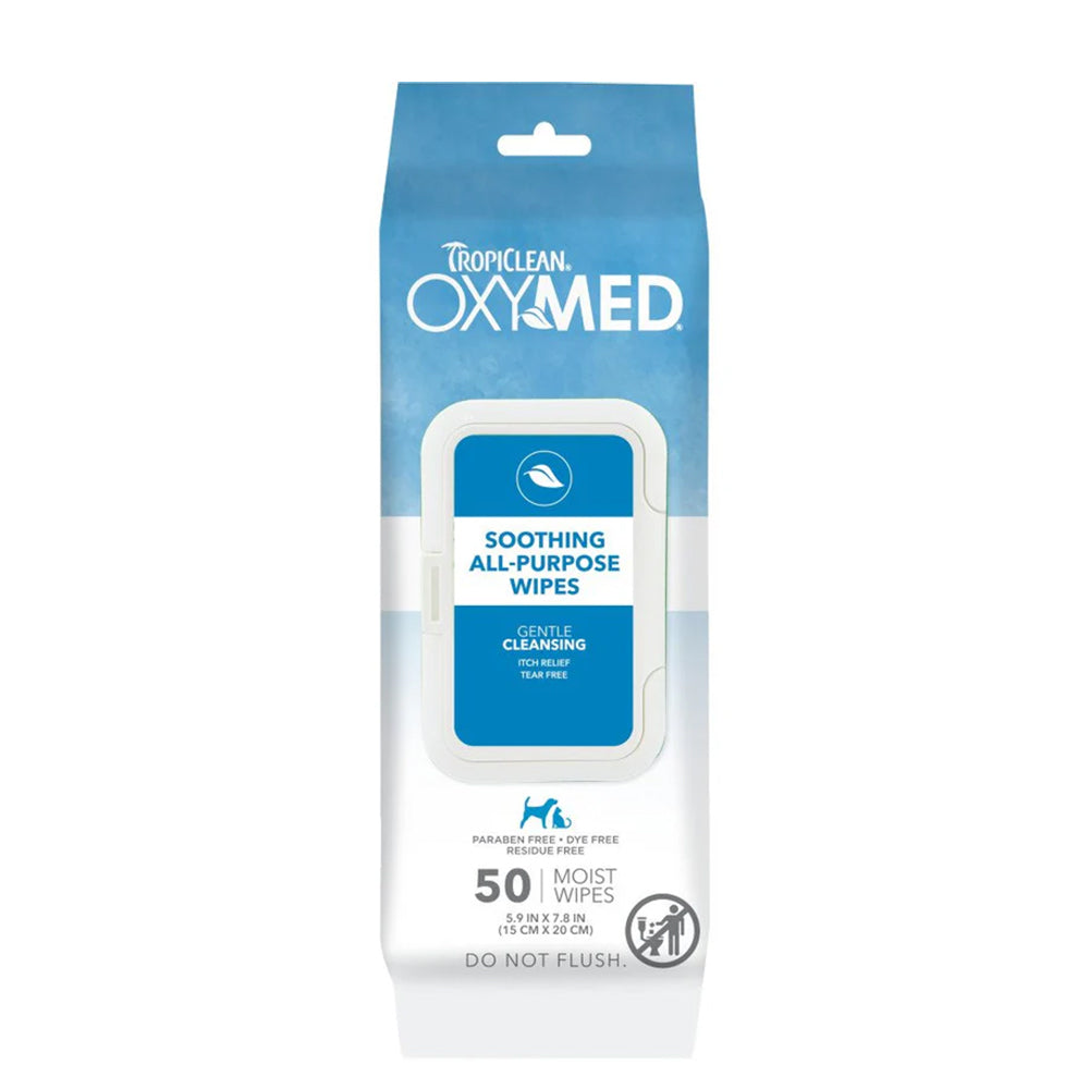 Front of TropiClean OxyMed Soothing All-Purpose Wipes for Dogs & Cats 50 Count 