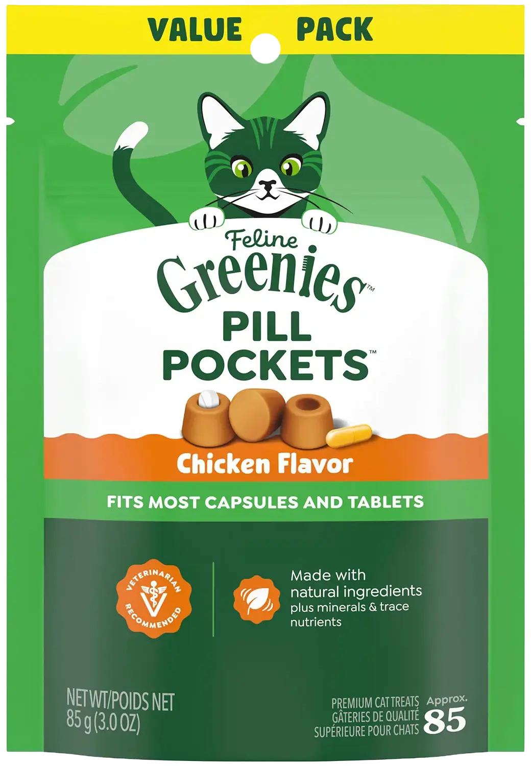 Front of Greenies Feline Pill Pockets Cat Treats Chicken 3-oz 85 Count