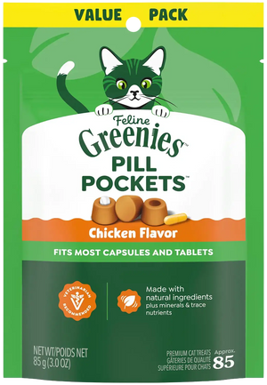 Front of Greenies Feline Pill Pockets Cat Treats Chicken 3-oz 85 Count