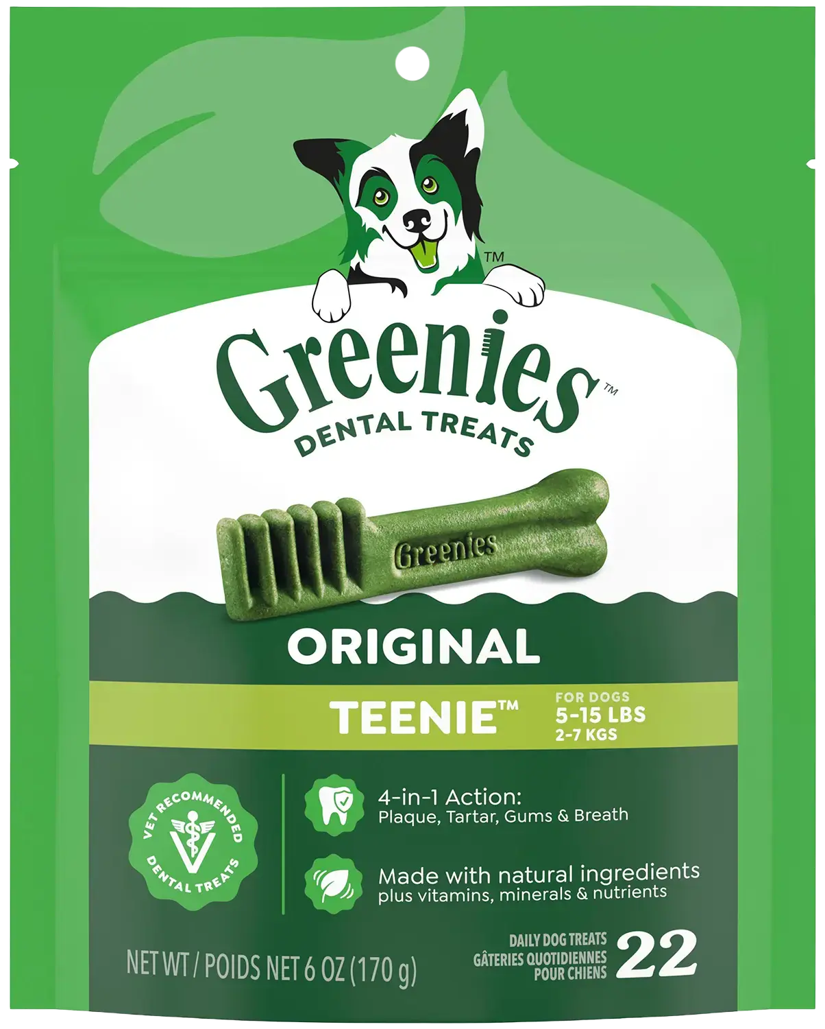 Front of Greenies Original Dog Dental Treats Teenie 6-oz 22 Count