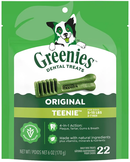 Front of Greenies Original Dog Dental Treats Teenie 6-oz 22 Count