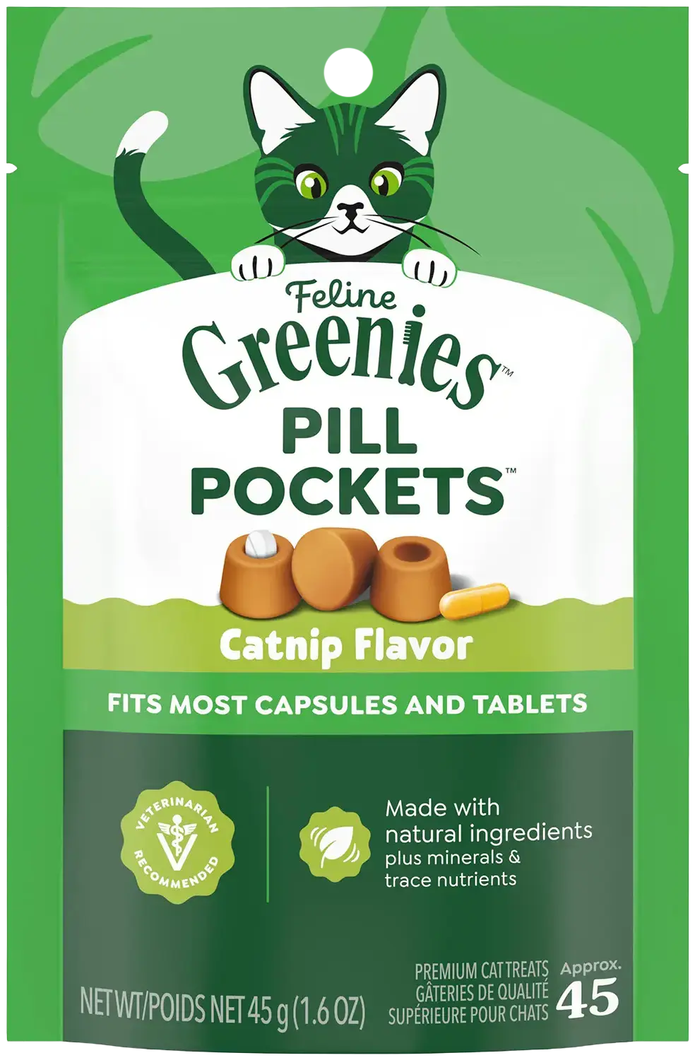 Front of Greenies Feline Pill Pockets Cat Treats Catnip 1.6-oz 45 Count