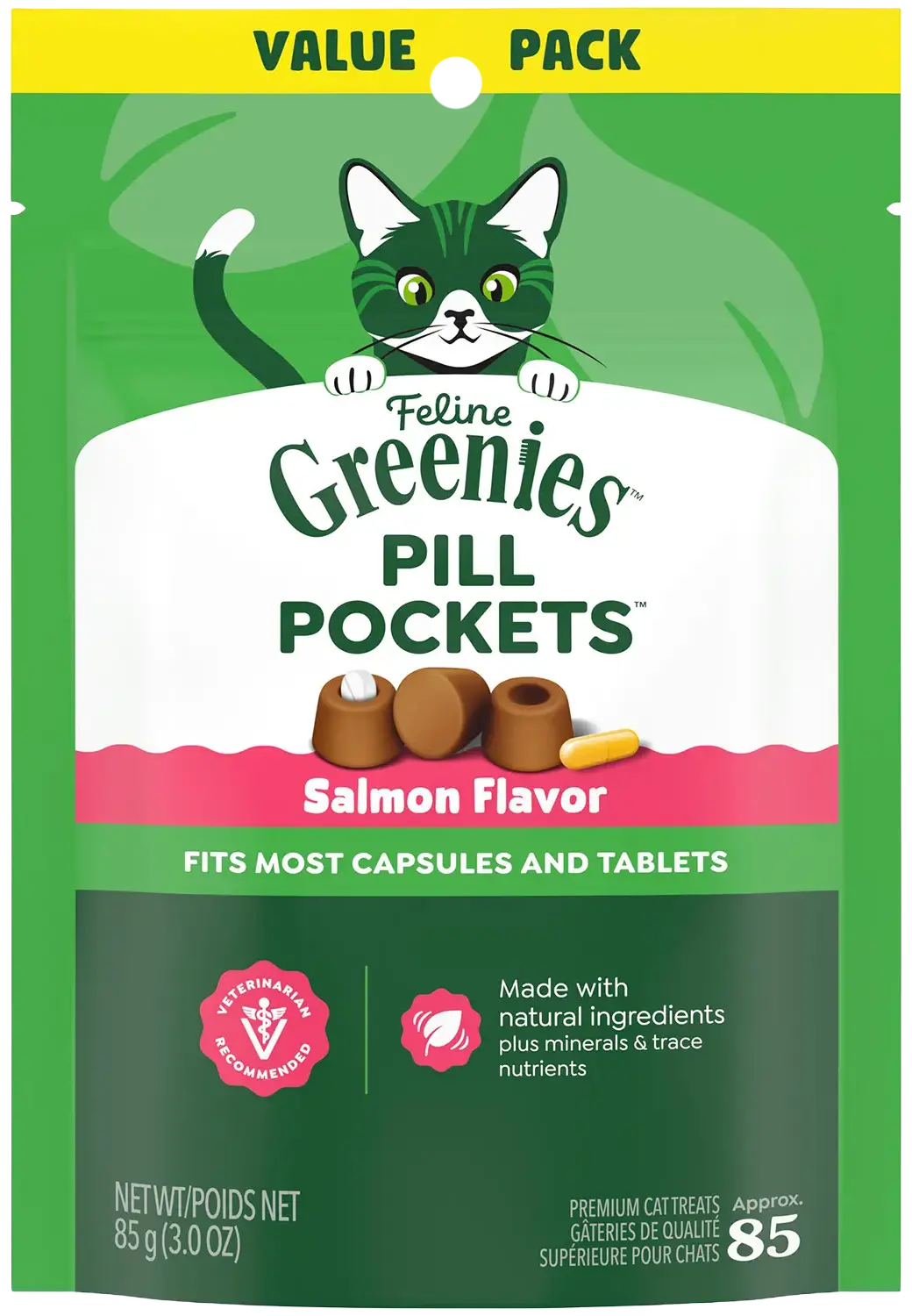 Front of Greenies Feline Pill Pockets Cat Treats Salmon 3-oz 85 Count