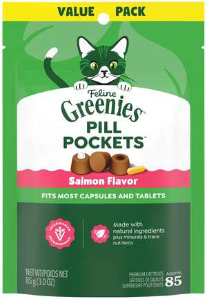 Front of Greenies Feline Pill Pockets Cat Treats Salmon 3-oz 85 Count