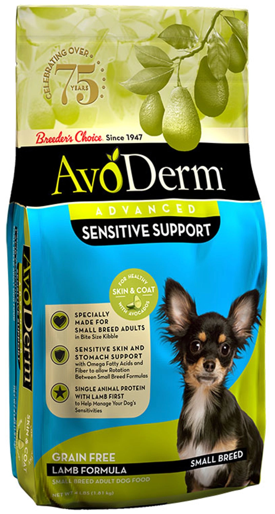 Front of AvoDerm Natural Advanced Sensitive Support Small Breed Lamb Formula Adult Dry Dog Food 4-lb