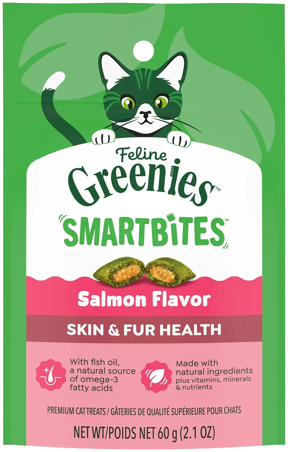 Front of Greenies Feline Smartbites Healthy Skin & Fur Health Cat Treats Salmon 2.1-oz