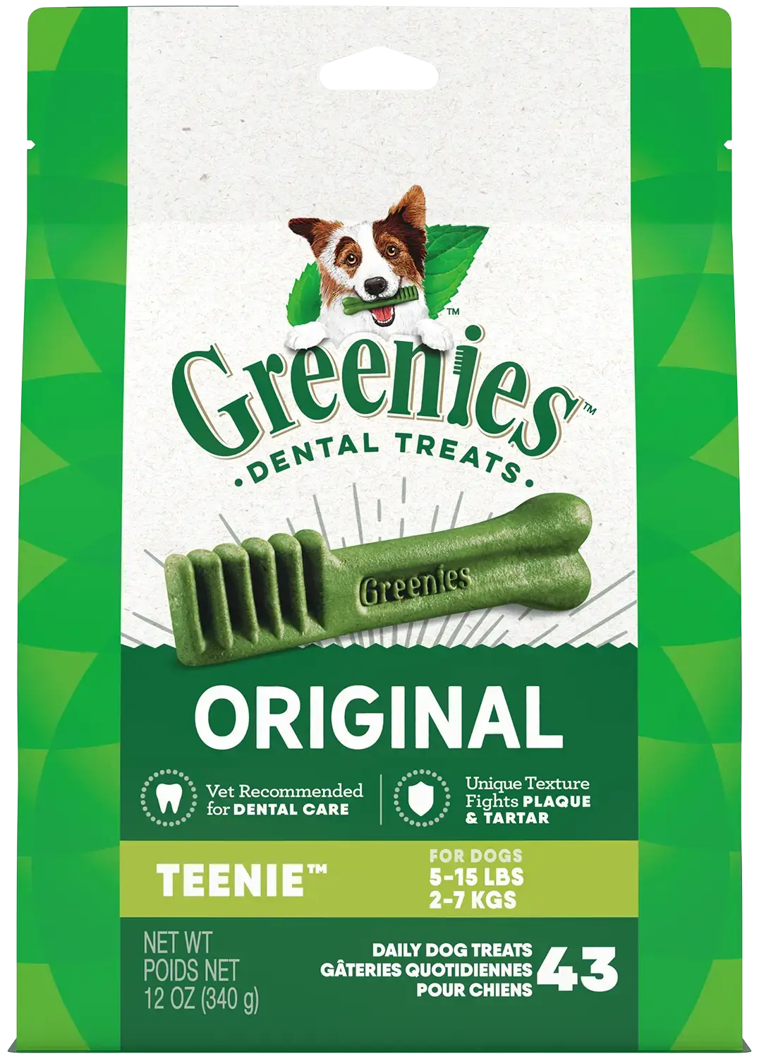 Front of Greenies Original Dog Dental Treats Teenie 12-oz 43 Count