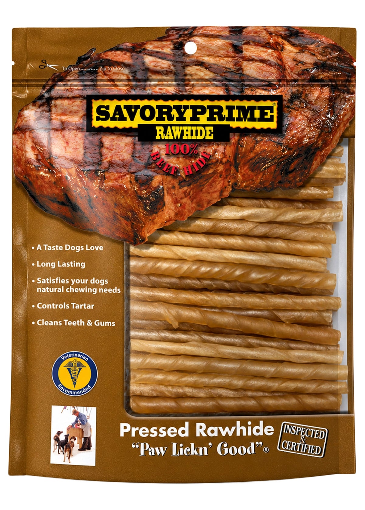Front of Savory Prime Pressed Rawhide Twist Sticks Natural 5-in 100 Count
