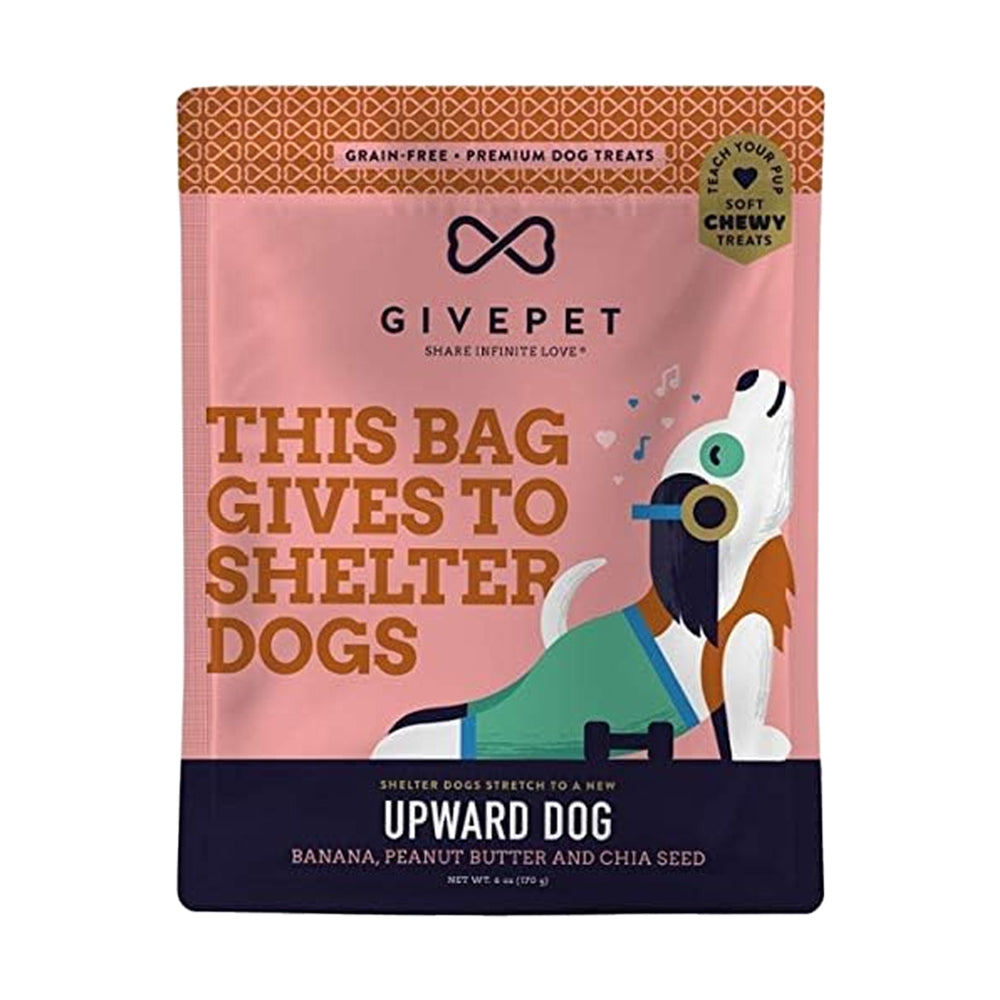 Front of Givepet Upward Dog Grain-Free Premium Soft Chewy Dog Treats Banana, Peanut Butter & Chia Seed 6-oz