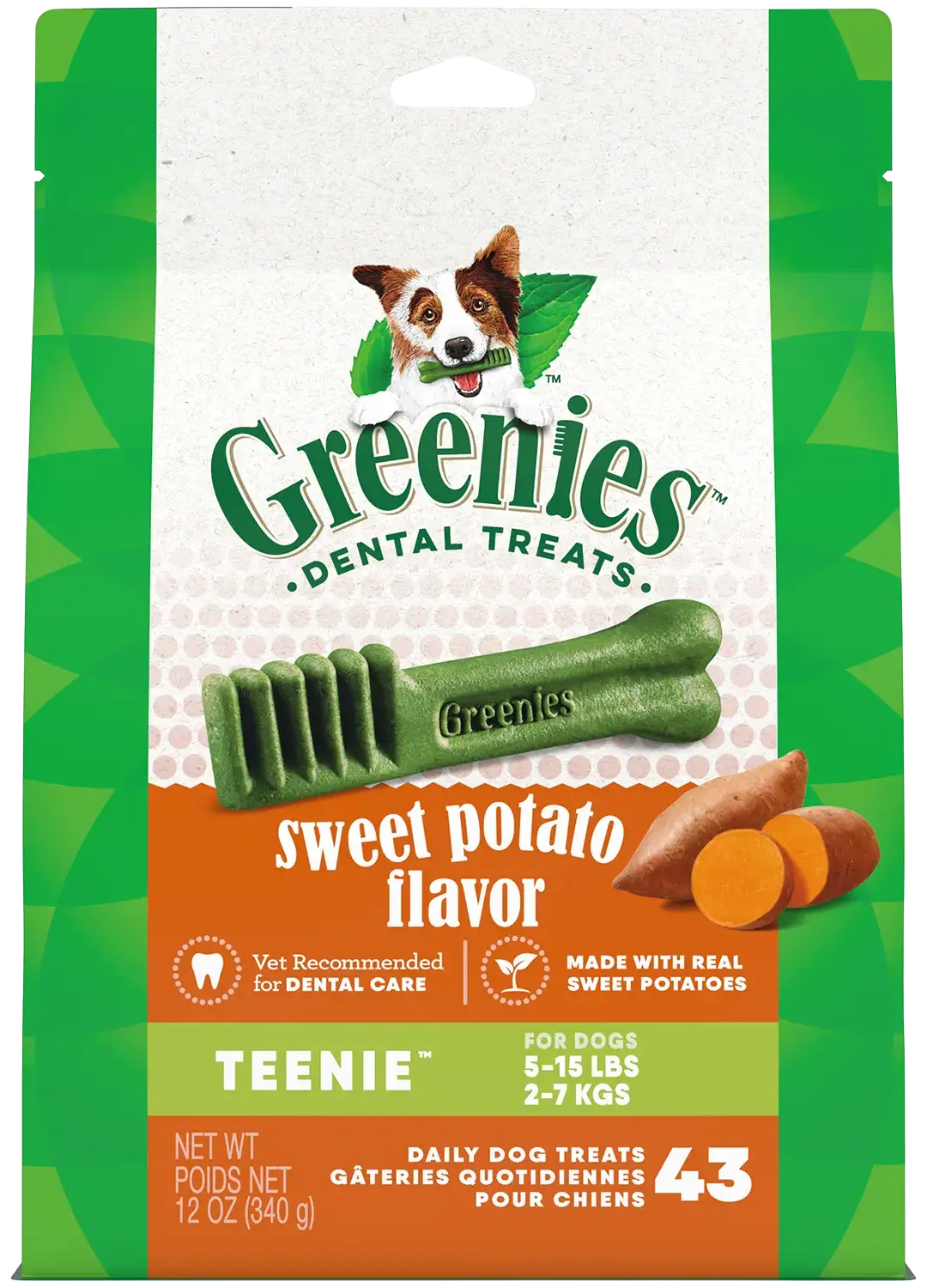 Front of Greenies Sweet Potato Dog Dental Treats Teenie 12-oz 43 Count