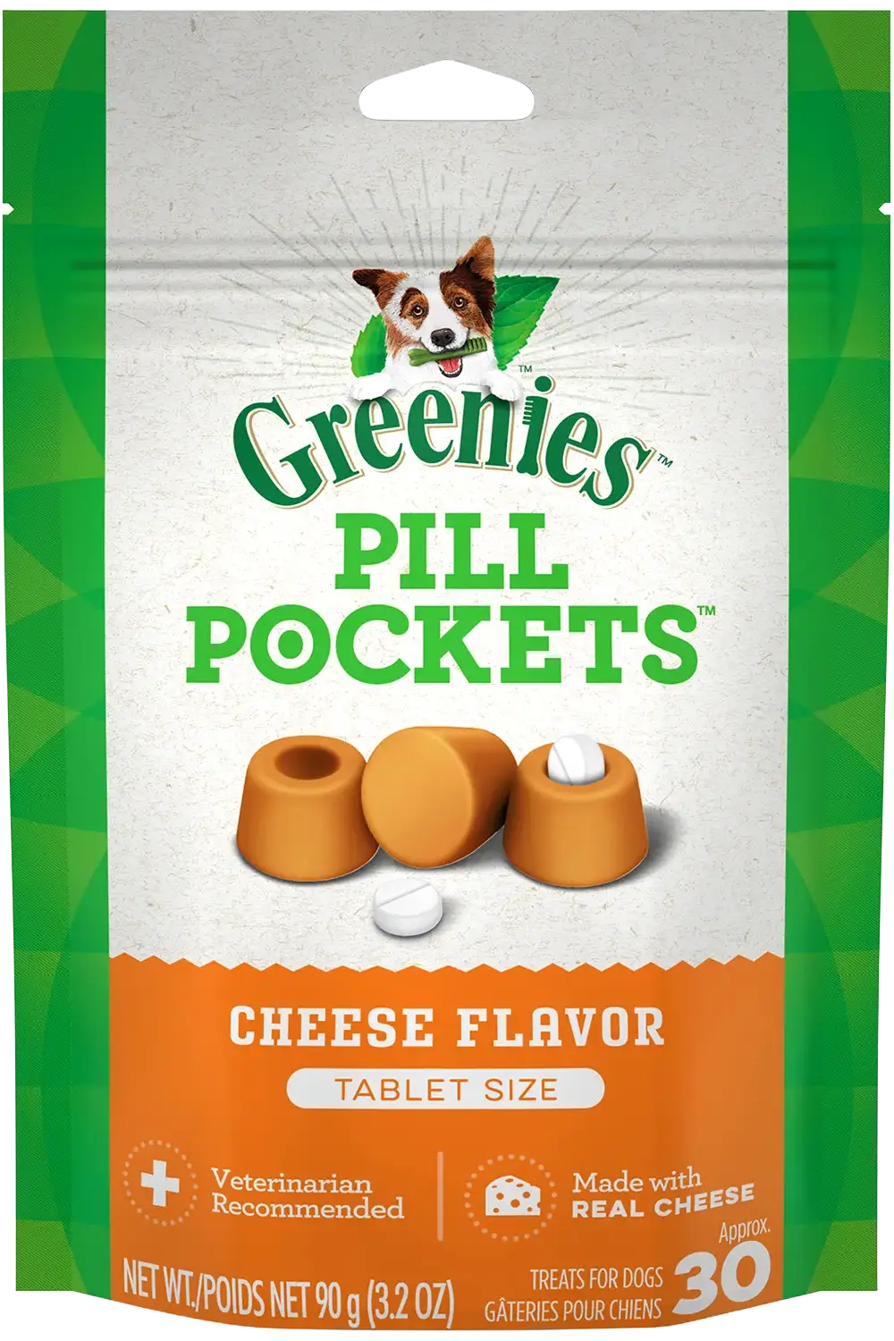 Front of Greenies Tablet Pill Pockets Dog Treats Cheese 3.2-oz 30 Count