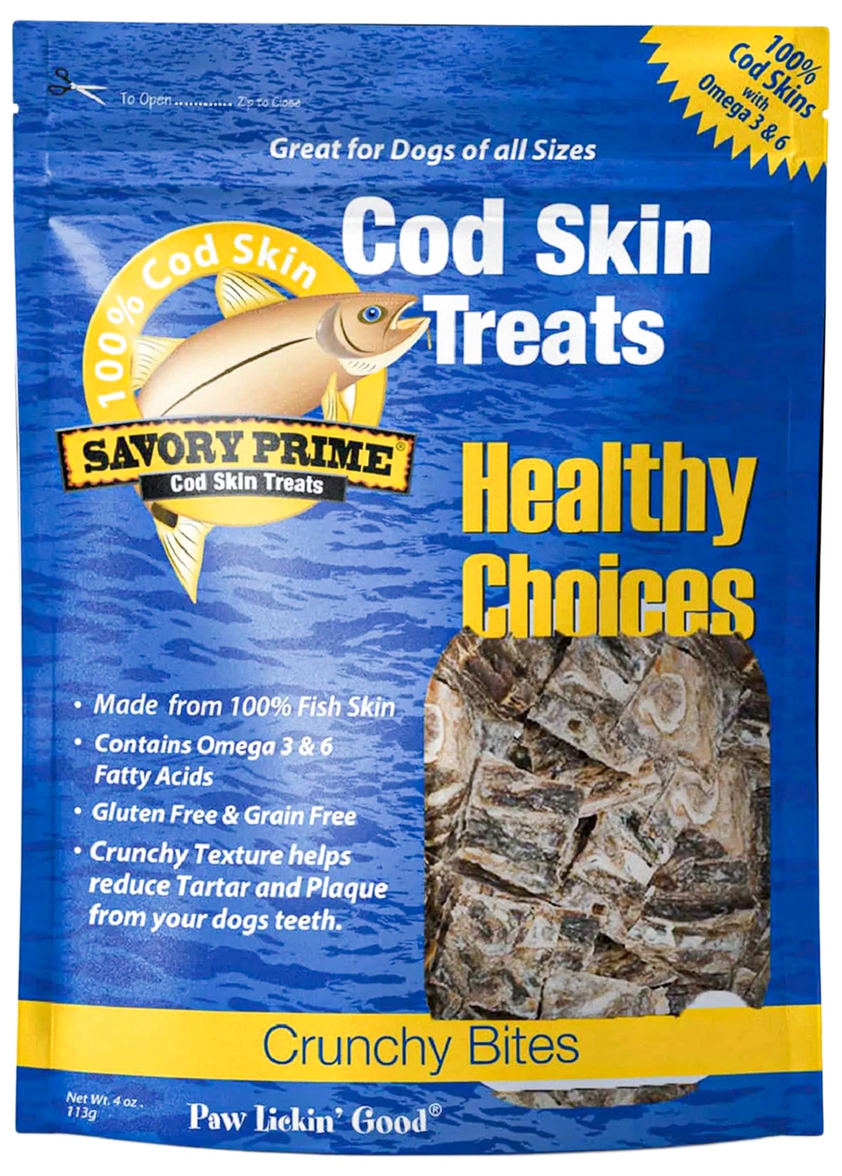 Front of Savory Prime Cod Skin Crunchy Bites Dog Treats 4-oz