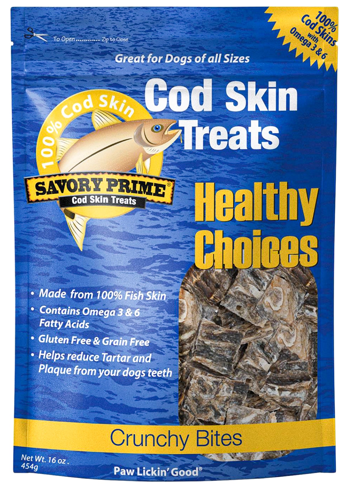 Front of Savory Prime Cod Skin Crunchy Bites Dog Treats 16-oz